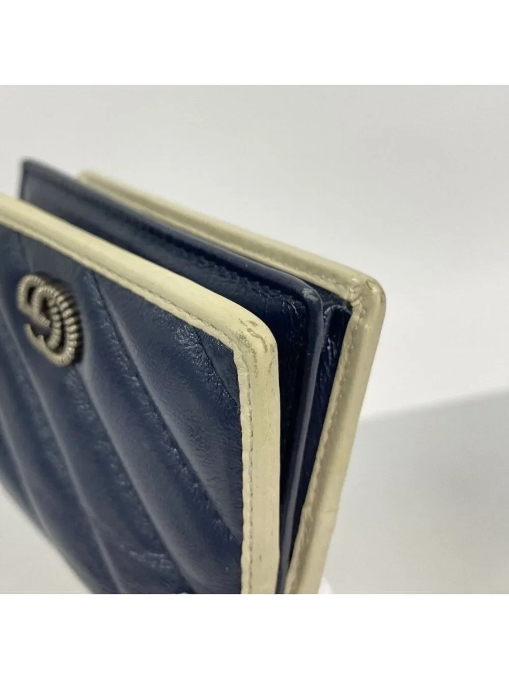 Gucci Wallet GG Marmont Leather Navy White Silver